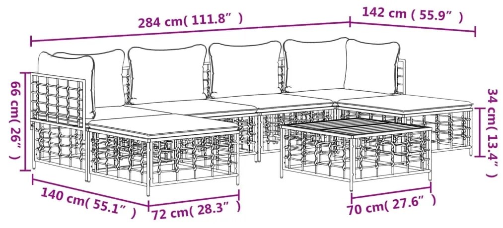 7 pcs conjunto lounge de jardim c/ almofadões vime PE antracite