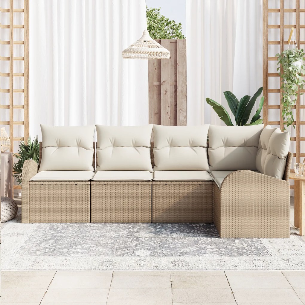 Conjunto de Sofá de Jardim de 5 Peças com Almofadas de Vime Bege