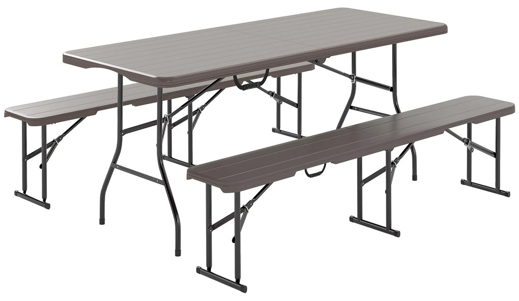 Outsunny Conjunto Campismo Dobrável 3 Peças Mesa 180x74x74 cm Bancos 182x28x42 cm Efeito Madeira Resistente Leve Castanho | Aosom Portugal