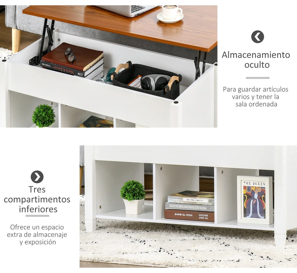 HOMCOM Mesa de Centro com Bancada Elevável Mesa de Centro com 3 Compartimentos Abertos Mesa Retangular Moderna para Sala de Estar 105x50x48cm Branco e Marrom