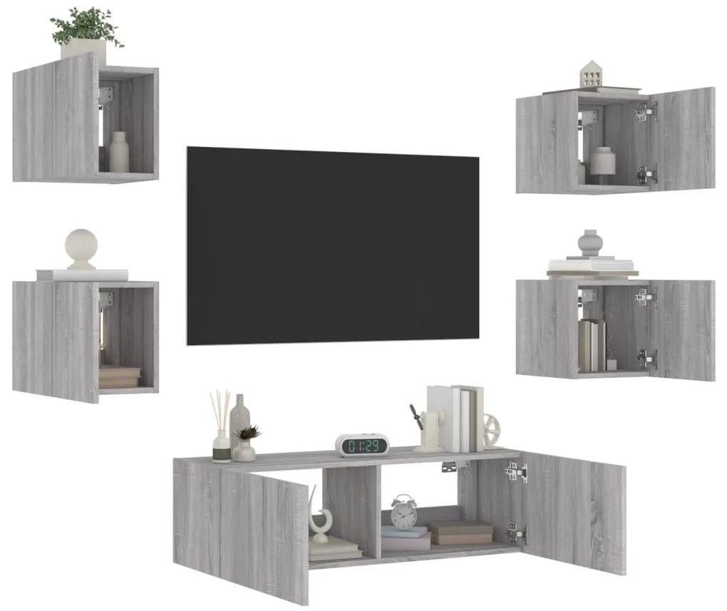 5 pcs móveis de parede para TV com luzes LED cinzento sonoma