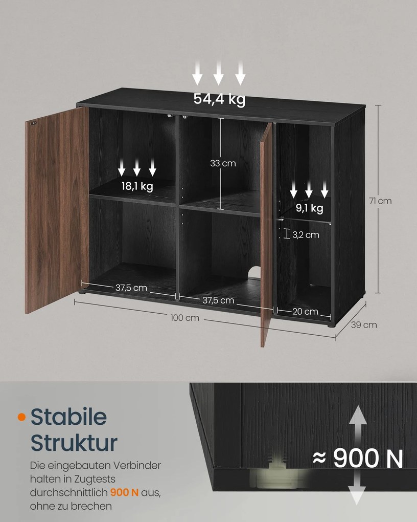 Aparador com iluminação Led e tecnologia Toolless 39 x 100 x 71 cm cor nogueira natural e preto