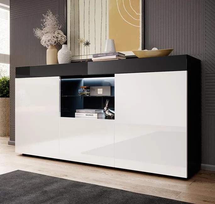 Aparador "Elma" com Luz LED - 135x73x34 cm - Preto e Branco Brilhante