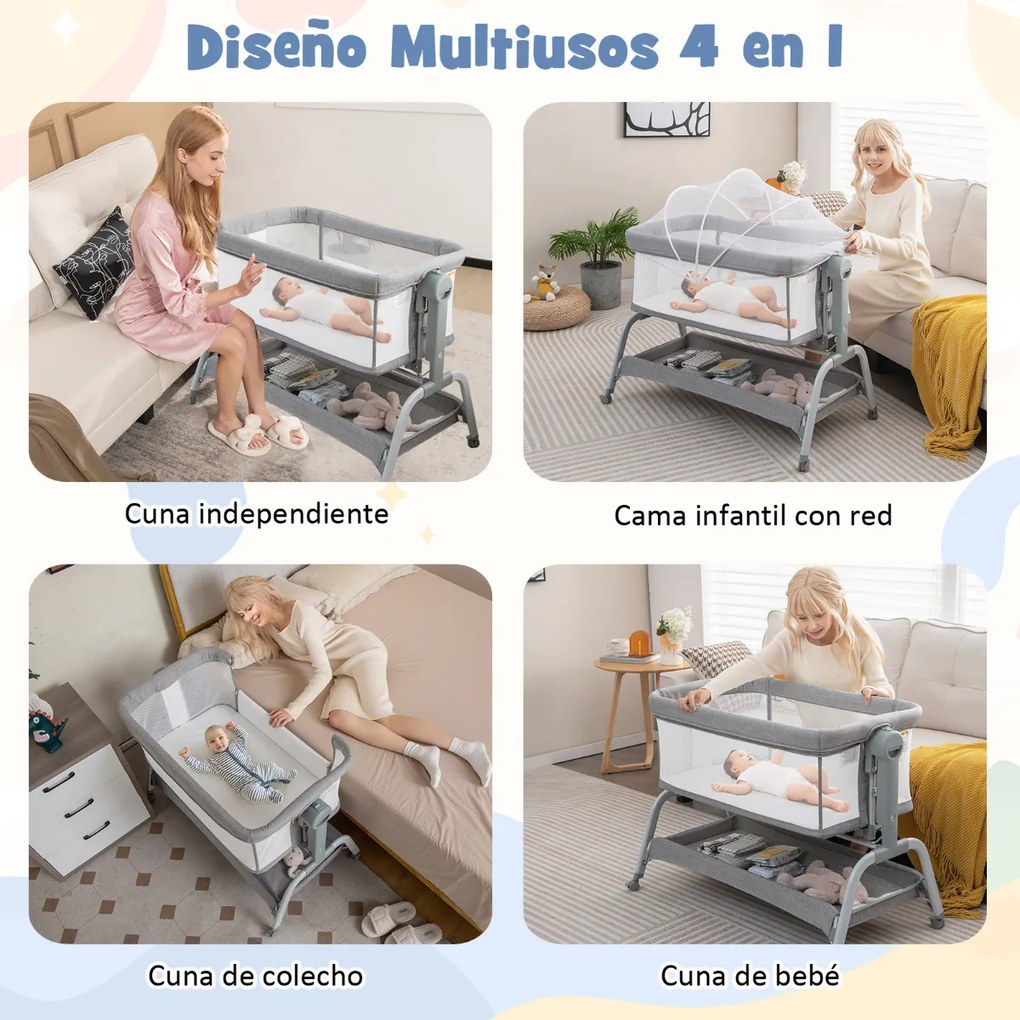 Berço de viagem para bebés com Altura ajustável Colchão ajustável Malha Cesto de arrumação e rodas 101 x 56 x 89 cm Cinzento