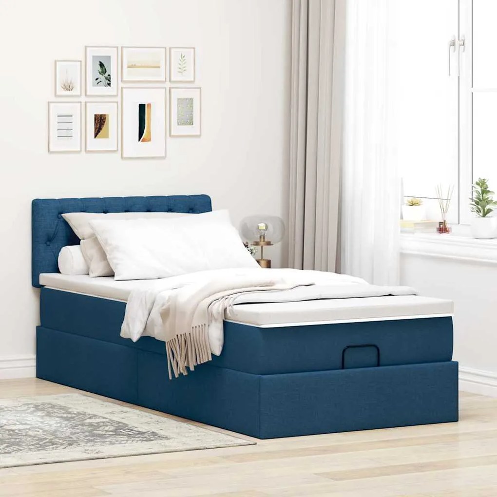 Cama otomana com colchão 90x200 cm tecido azul