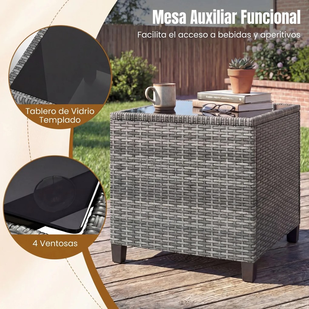 Conjunto de jardim de 3 peças, composto por cadeiras de rattan e mesa com tampo de vidro temperado para pátio, rattan em mistura de cinzento com almof