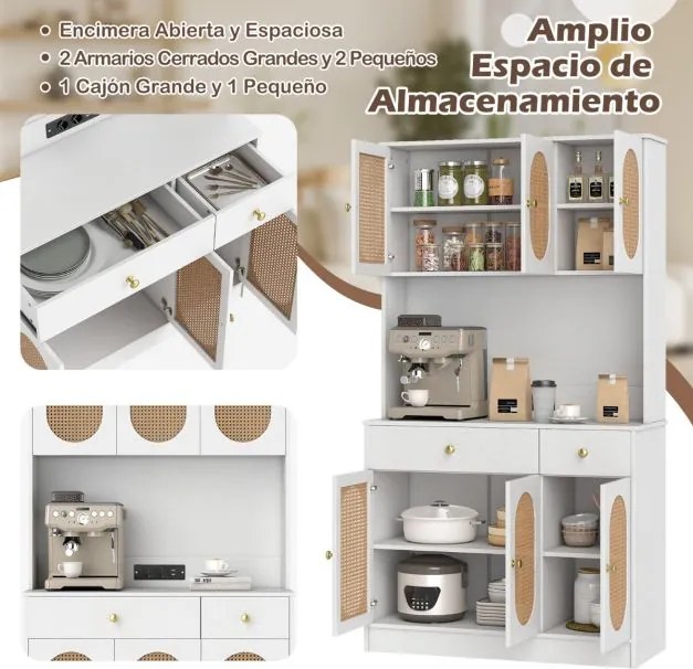 Armário de cozinha 100 x 40 x 180 cm com Estação de carregamento 6 portas Rattan Estilo boho, 2 gavetas 4 prateleiras ajustáveis Branco e Natural