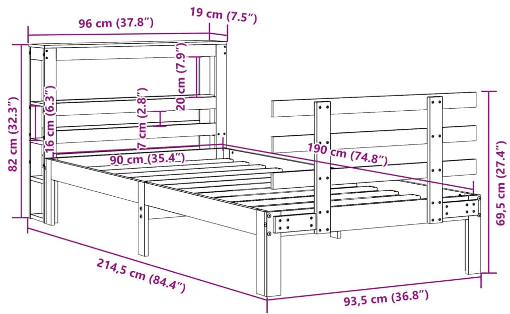 Estrutura cama c/ cabeceira 90x190 cm pinho maciço castanho-mel
