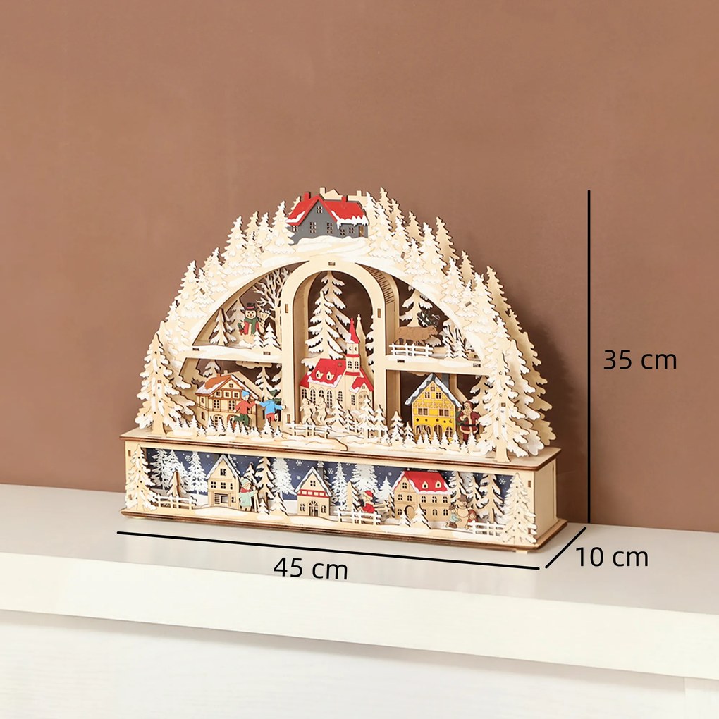 Aldeia de Natal iluminada com 20 LEDs, aldeia de Natal animada em forma de arco, funciona a pilhas, 45 x 10 x 35 cm, madeira natural