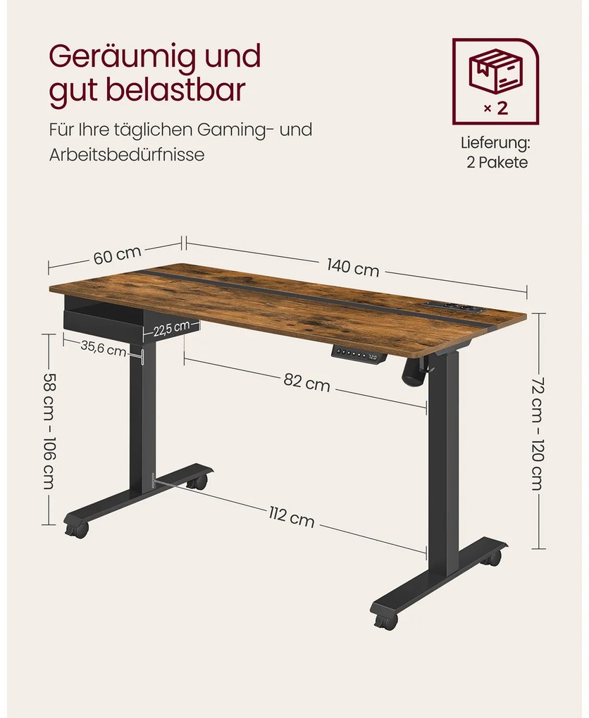 Secretária elétrica com altura ajustavel com 2 tomadas e 2 portas USB; e gaveta 60 x 140 x (72-120) cm castanho vintage-preto