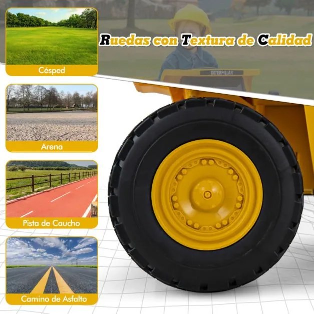Camião Caterpillar basculante elétrico para crianças de 12 V licenciado com plataforma basculante, pega inclinada, pá de areia, luzes, música, amarelo