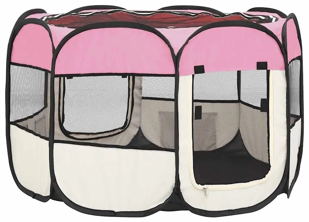 Parque dobrável p/ cão c/ saco de transporte 90x90x58 cm rosa