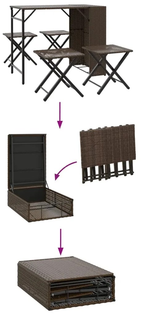 5 pcs conjunto de jantar para jardim dobrável vime PE castanho
