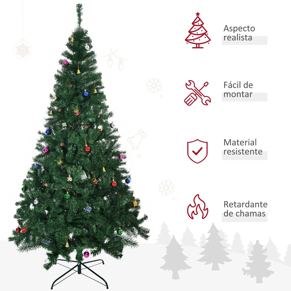 Árvore de Natal Artificial 210cm Ignífugo com 1036 Ramos 53 Decorações