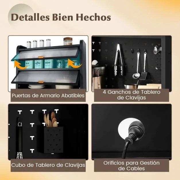 Armário de cozinha de 6 níveis com rodas 79 x 37 x 192 cm, pés fixos, portas transparentes e prateleira ajustável Preto