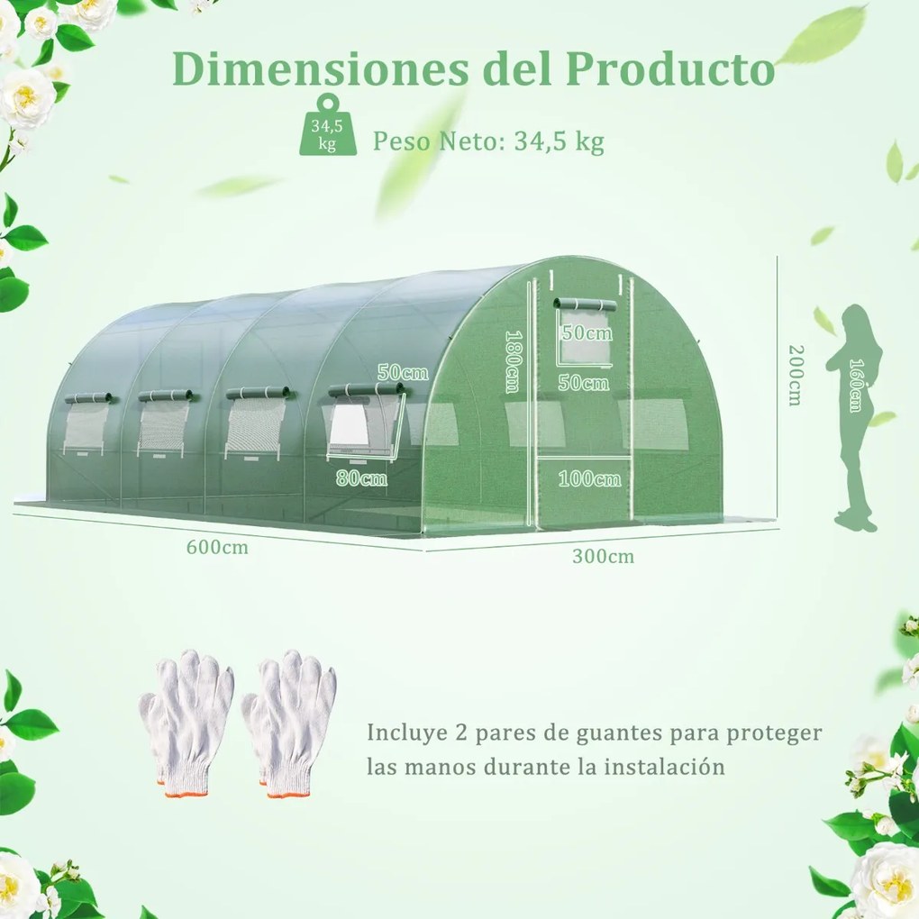 Estufa Túnel exterior com 10 janelas enroláveis 2 portas com fecho de correr Tenda de jardim à prova de vento 6 x 3 x 2 m Verde