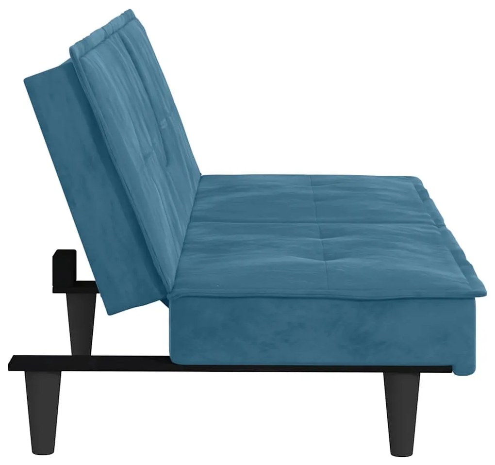 Sofá-cama com suporte para copos veludo azul