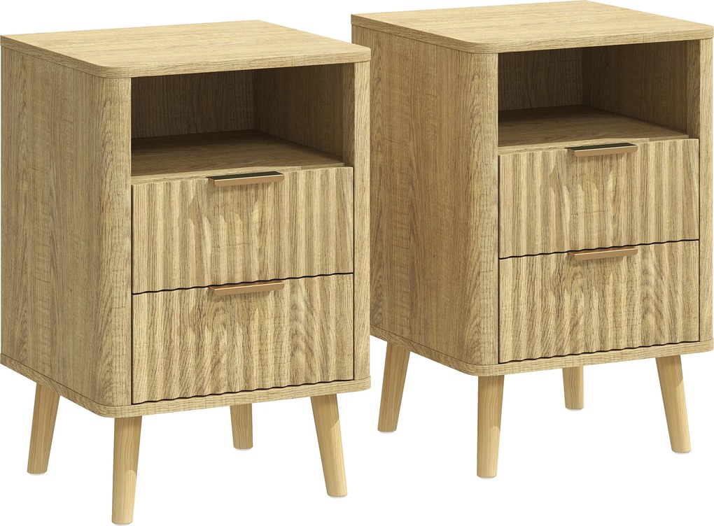 HOMCOM Conjunto de 2 Mesas de Cabeceira Mesas de Noite com 2 Gavetas e Compartimento Aberto Cantos Arredondados 40x40x61 cm Carvalho | Aosom Portugal