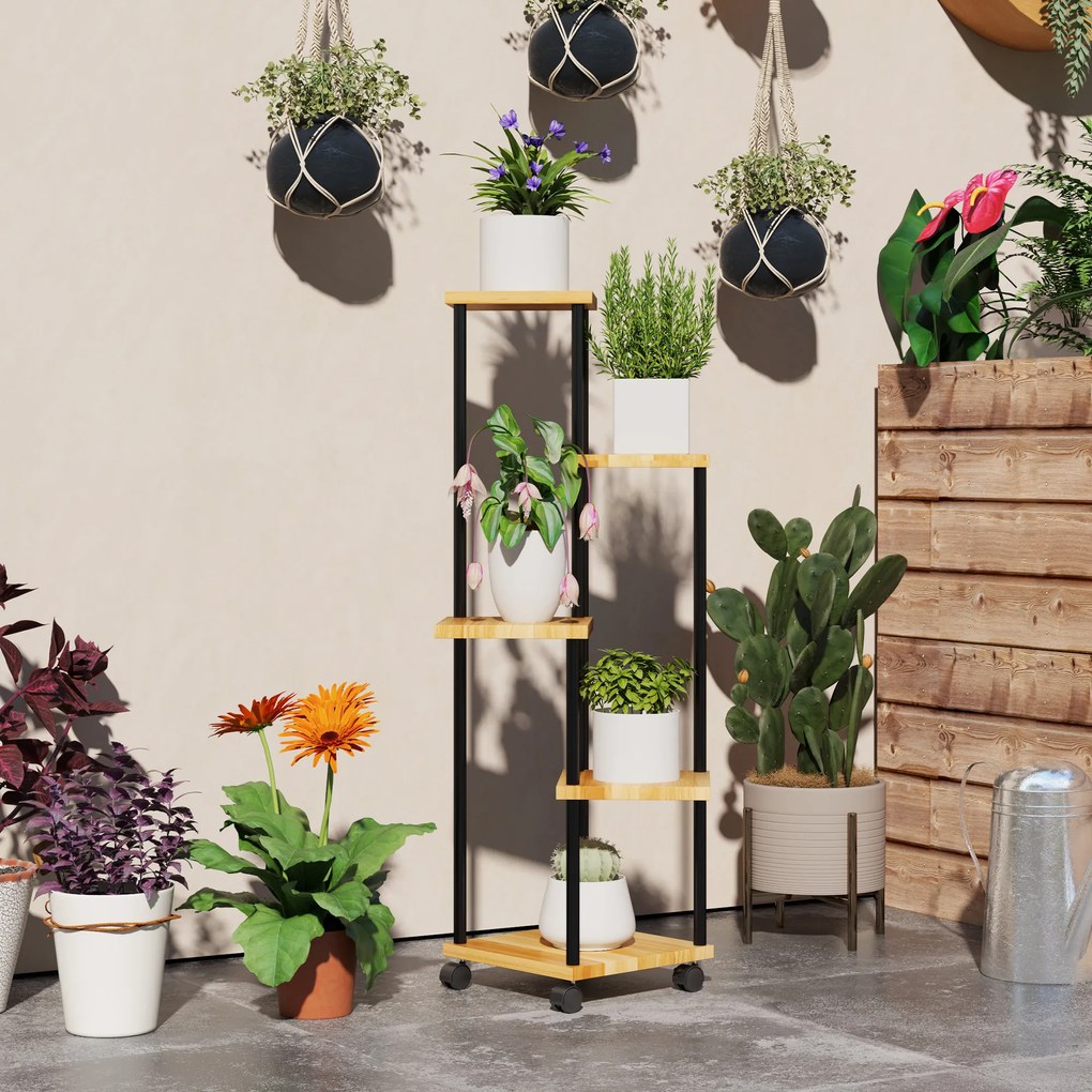Suporte para plantas de 5 níveis para interior e exterior, prateleira para plantas com 4 rodas em aço e madeira natural