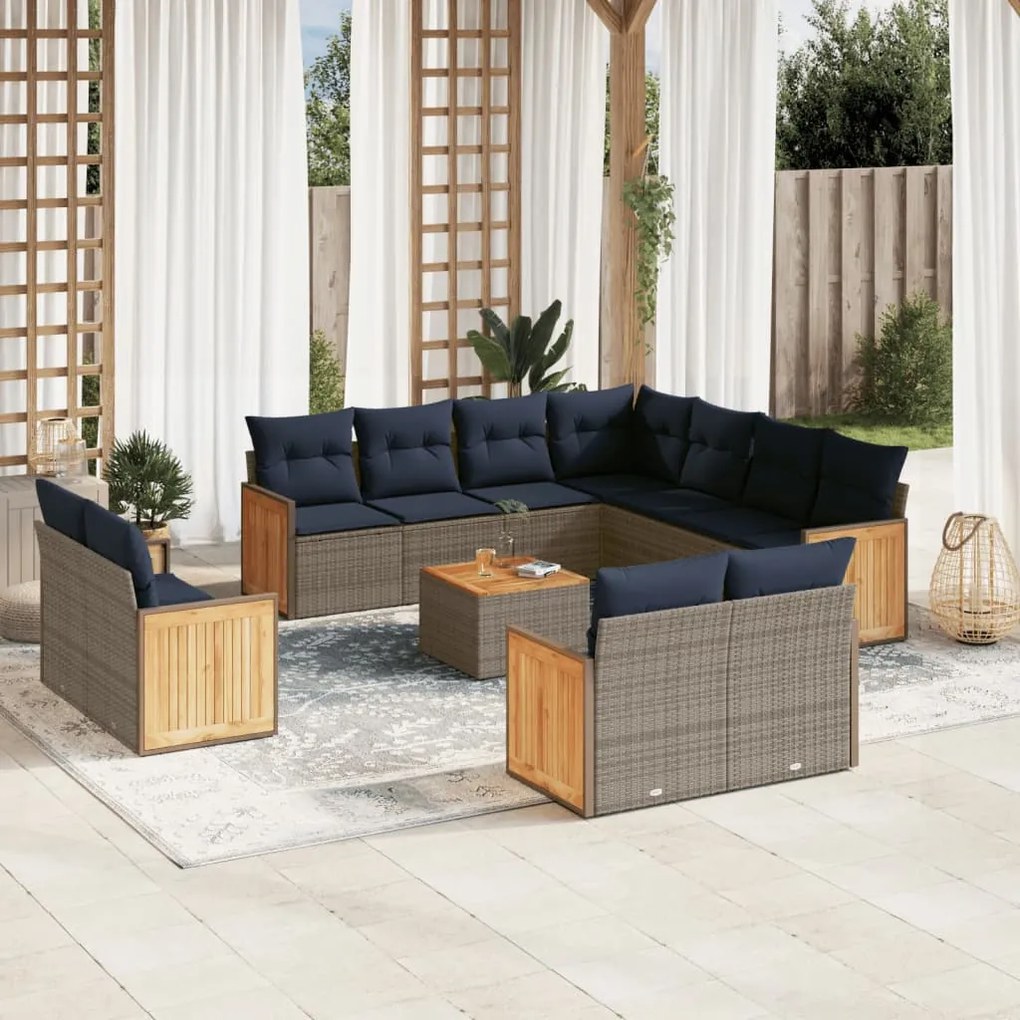 vidaXL 12 pcs conjunto sofás p/ jardim c/ almofadões vime PE cinzento
