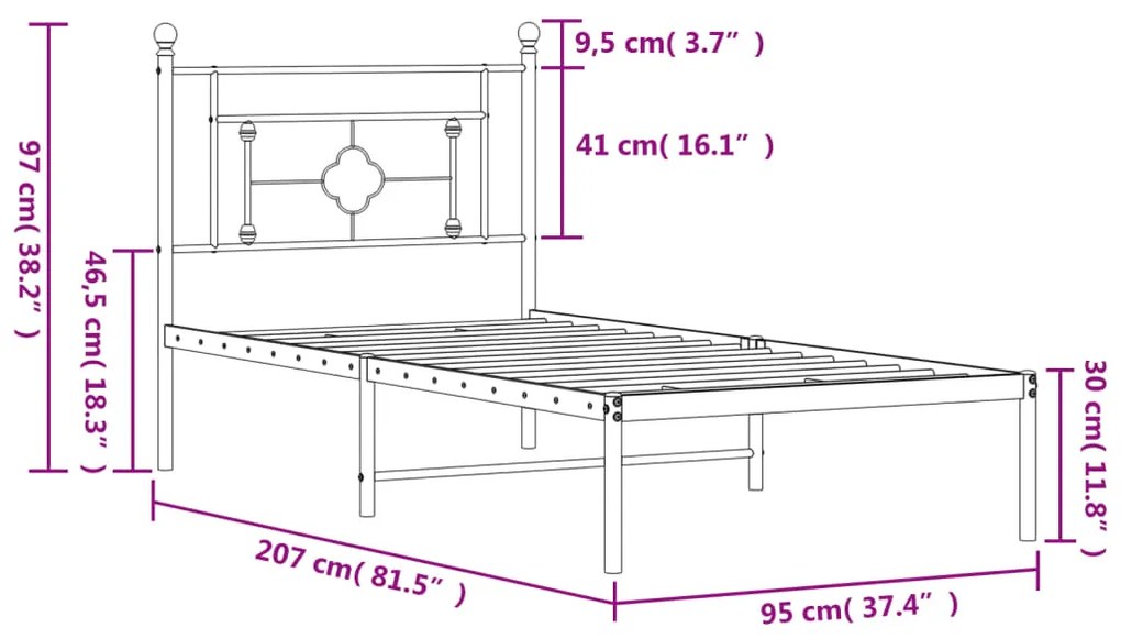 Estrutura de cama com cabeceira 90x200 cm metal preto