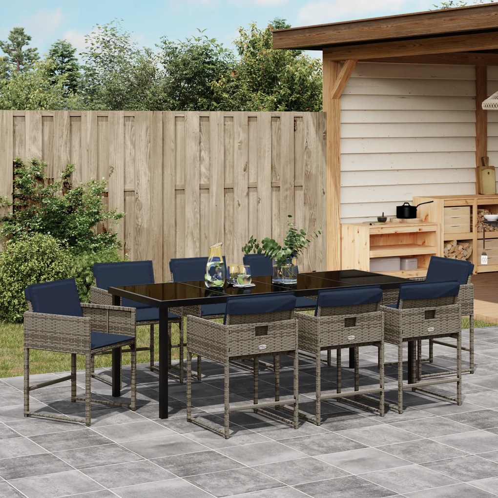 Conjunto de Jantar de Jardim de 9 Peças com Almofadas Cinza Vime PE