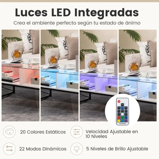 Mesa de centro com luzes LED de alto brilho com tampo de mármore sintético e tampo de vidro temperado com 4 cubos Branca