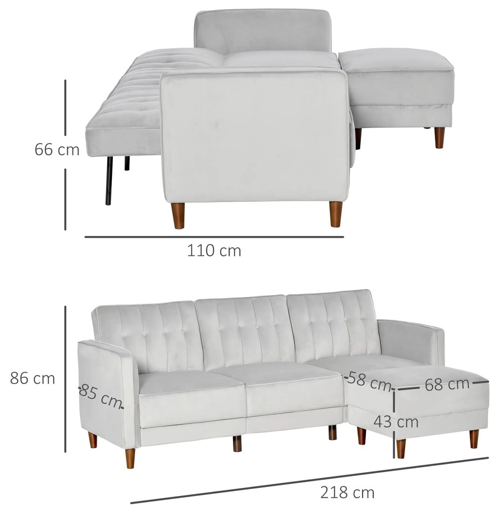 HOMCOM Sofá Cama com Chaise Longue de 3 Lugares Tato Aveludado com Encosto Ajustável e Apoio para os Pés Móvel 218x85x86cm Cinza Claro