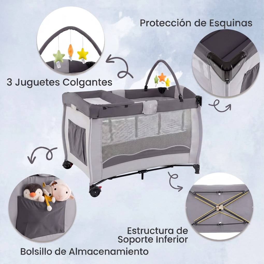 Berço de Viagem para Bebé, 127 x 74 x 90,5 cm, Multifuncional 4 em 1, Cinzento
