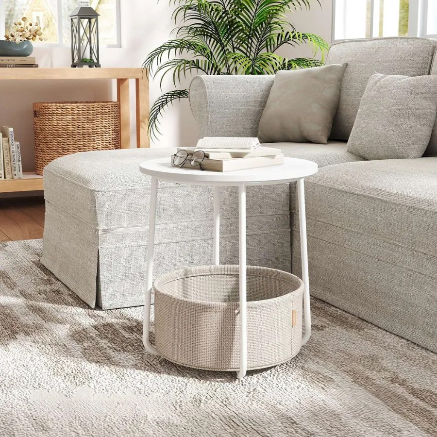 Mesa auxiliar redonda com cesto em tecido 45 x 50 cm branco + bege