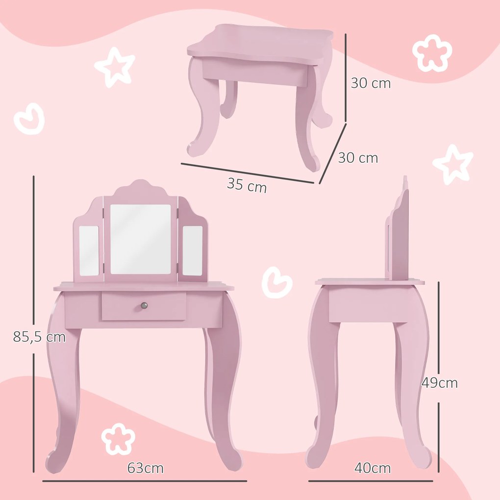 Toucador Infantil de Madeira com Banco e Espelho de Acrílico de 2 Seções Mesa de Maquilhagem Infantil 63x40x85,5 cm Rosa