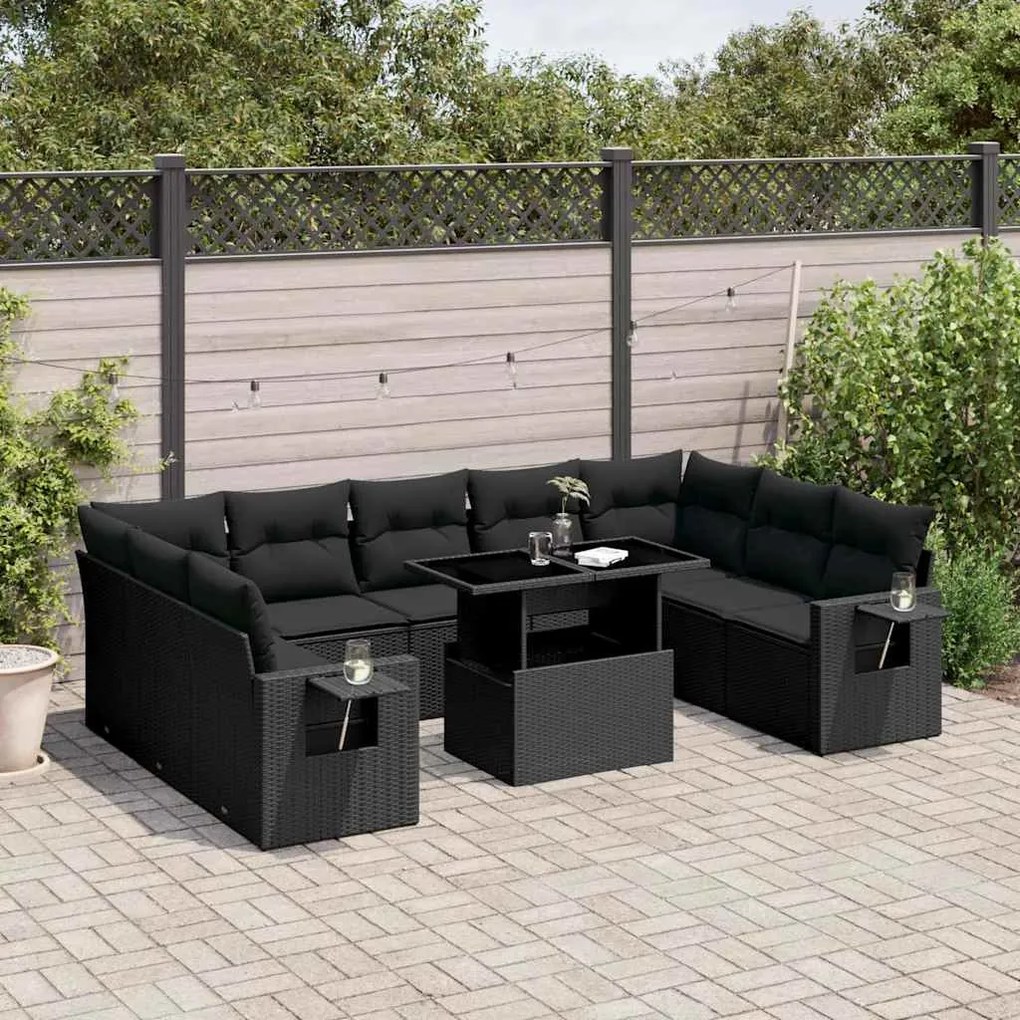 10 pcs conjunto sofás de jardim c/ almofadões vime PE preto