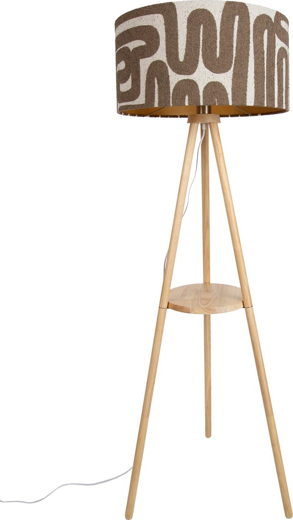 Candeeiro de Pé Tripé Madeira com Abajur às Riscas Bege e Castanho 50cm - Lou