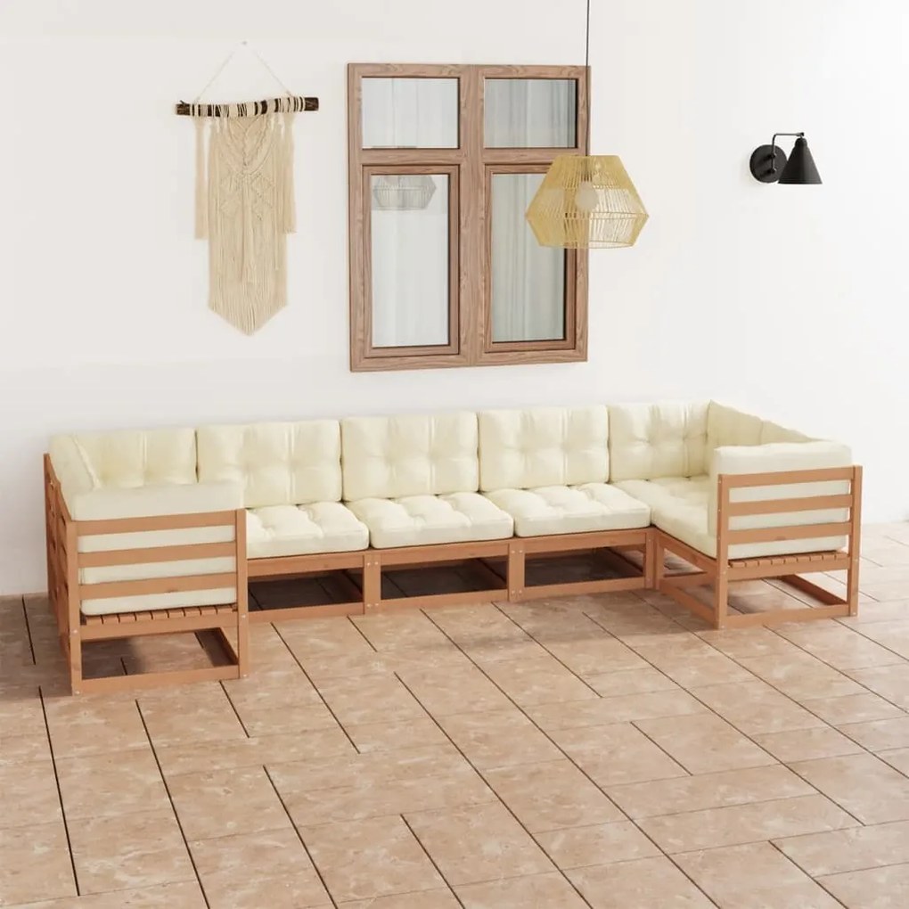 vidaXL 7 pcs conj. lounge jardim almofadões pinho maciço castanho mel