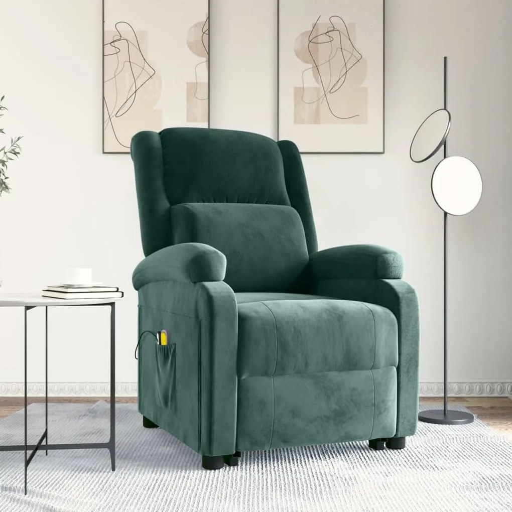Poltrona elevatória de massagens veludo verde-escuro