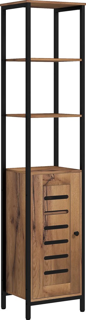 Coluna Casa de Banho Armário Alto Casa de Banho Estreito com Porta de Ripas Prateleiras Ajustáveis 37x30x167 cm Castanho Rústico