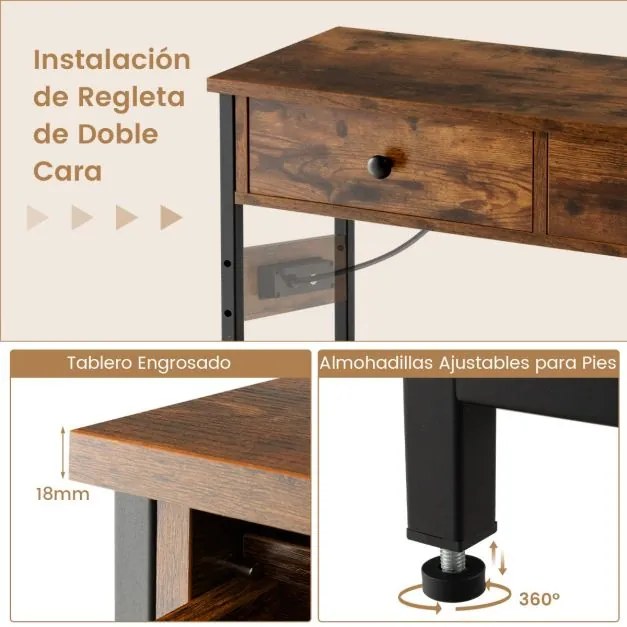 Mesa Consola 81 x 30 x 81 cm Hall de Entrada com Estação de Carregamento e Tomadas USB com Gavetas Prateleiras para Sofá Castanho