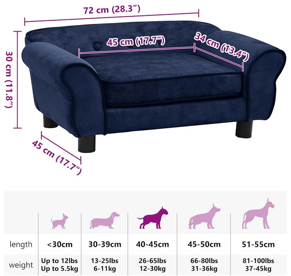 Sofá para cães 72x45x30 cm pelúcia azul