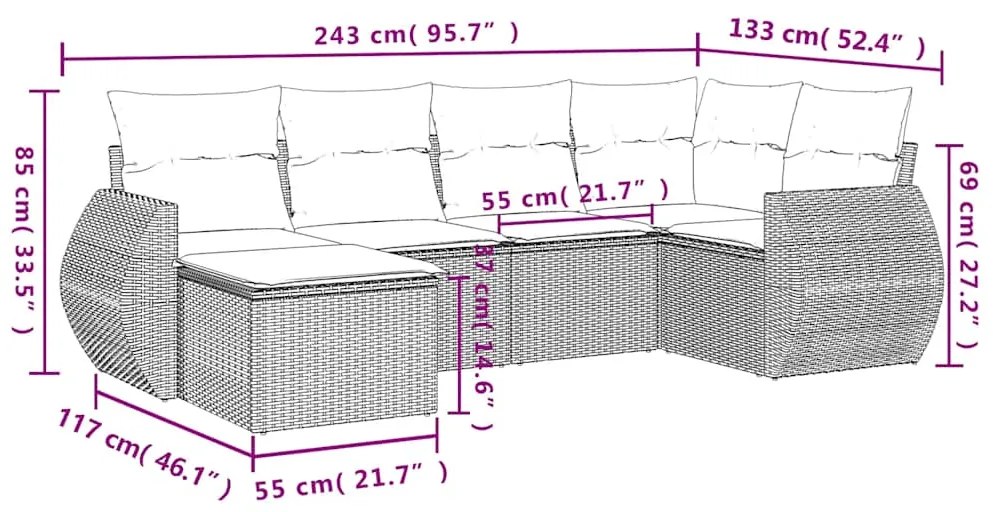 6 pcs conj. sofás jardim com almofadões vime PE cinzento-claro