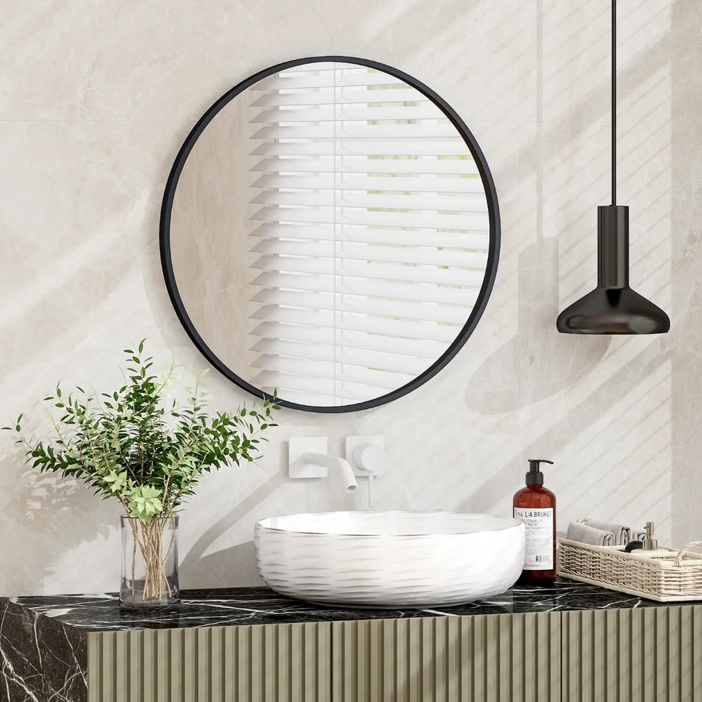 Espelho de casa de banho redondo de 61 cm montado na parede com moldura de metal mate escovado resistente à ferrugem para uma decoração minimalista