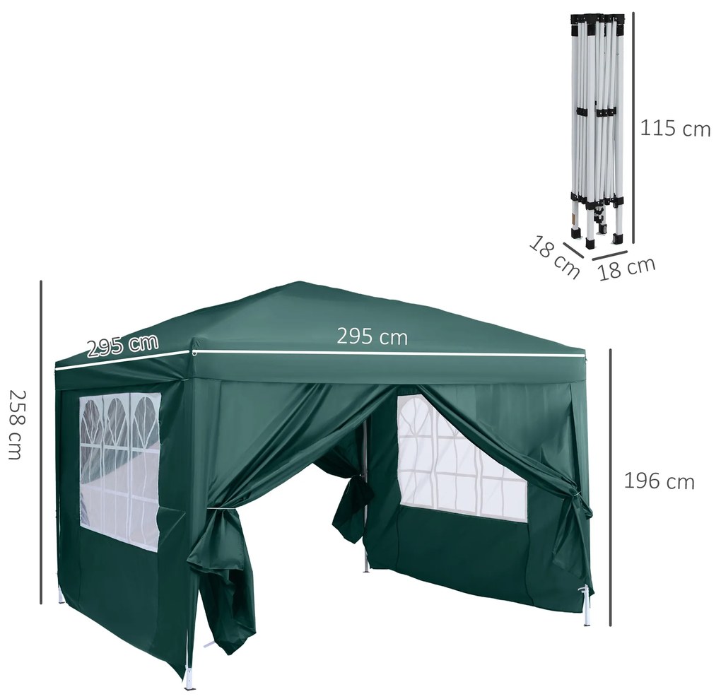 Outsunny Tenda de Jardim com Paredes Laterais Amovíveis Janelas Porta com Zíper e Bolsa de Transporte 295x295x195-258 cm Verde
