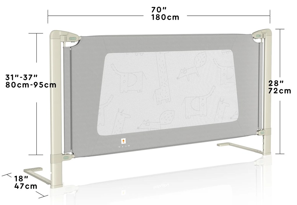 Barra de Cama 180 cm com Elevador Vertical Regulável em Altura e Feito Duplo de Segurança Cinza