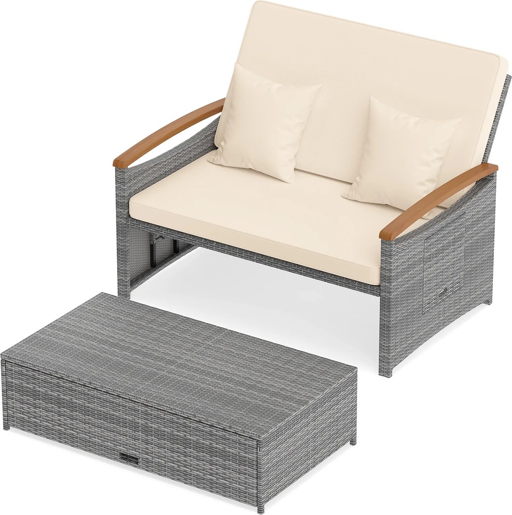 Conjunto de Sofá-Cama de Jardim, Otomana de Arrumação e 2 Mesas Laterais, 164 x 72-111 x 54,5-88 cm, Encosto Regulável em 4 Níveis, Cinzento e Bege