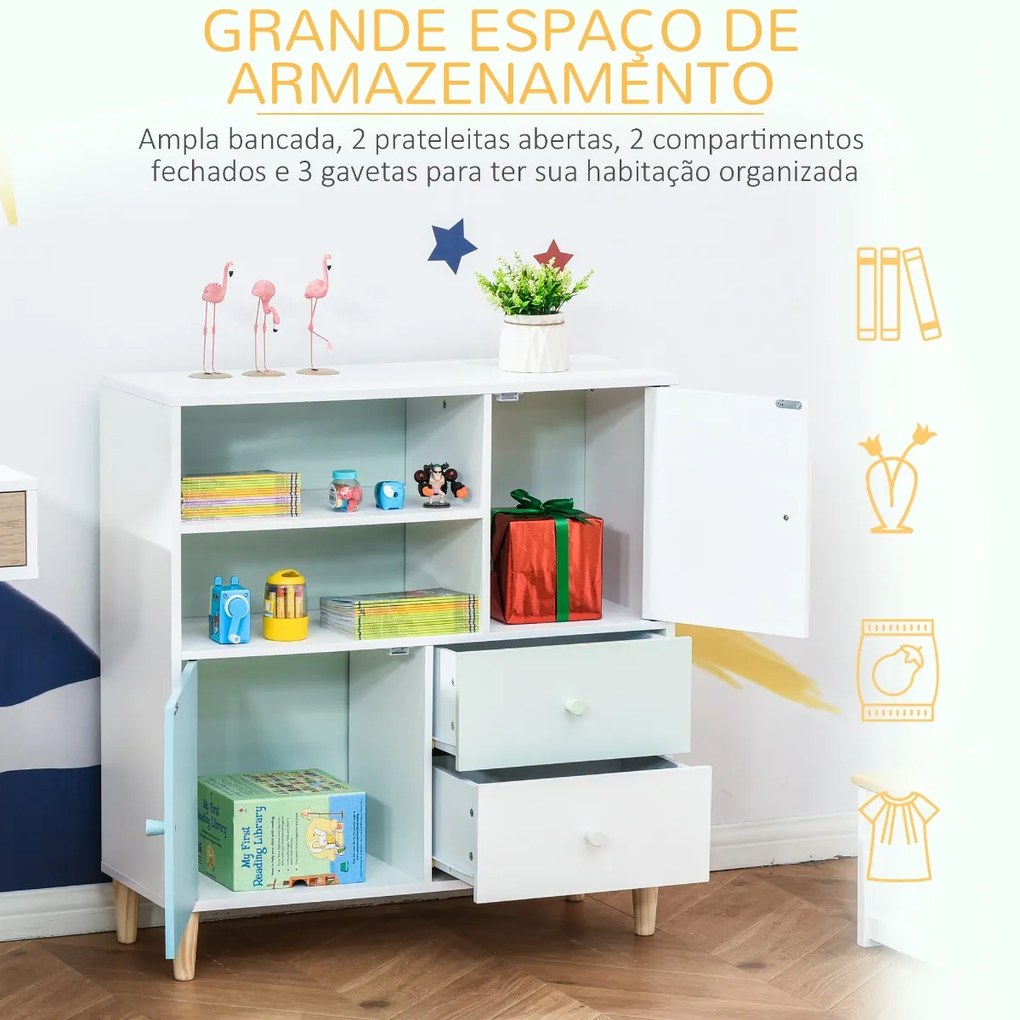 Móvel Infantil Cómoda para Crianças com 2 Compartimentos 2 Gavetas e 2 Armários para Armazenamento de Livros Brinquedos Roupa 80x30x85cm Azul