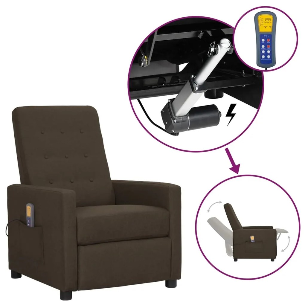 vidaXL Poltrona elevatória de massagens tecido castanho