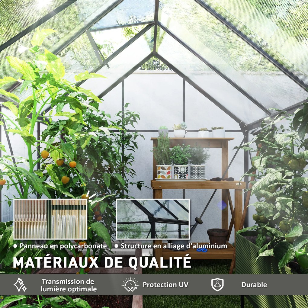 Estufa de jardim em policarbonato 1,9 x 2,53 x 1,99 m com 4,8 m², com fundações, claraboia ajustável e porta de correr transparente