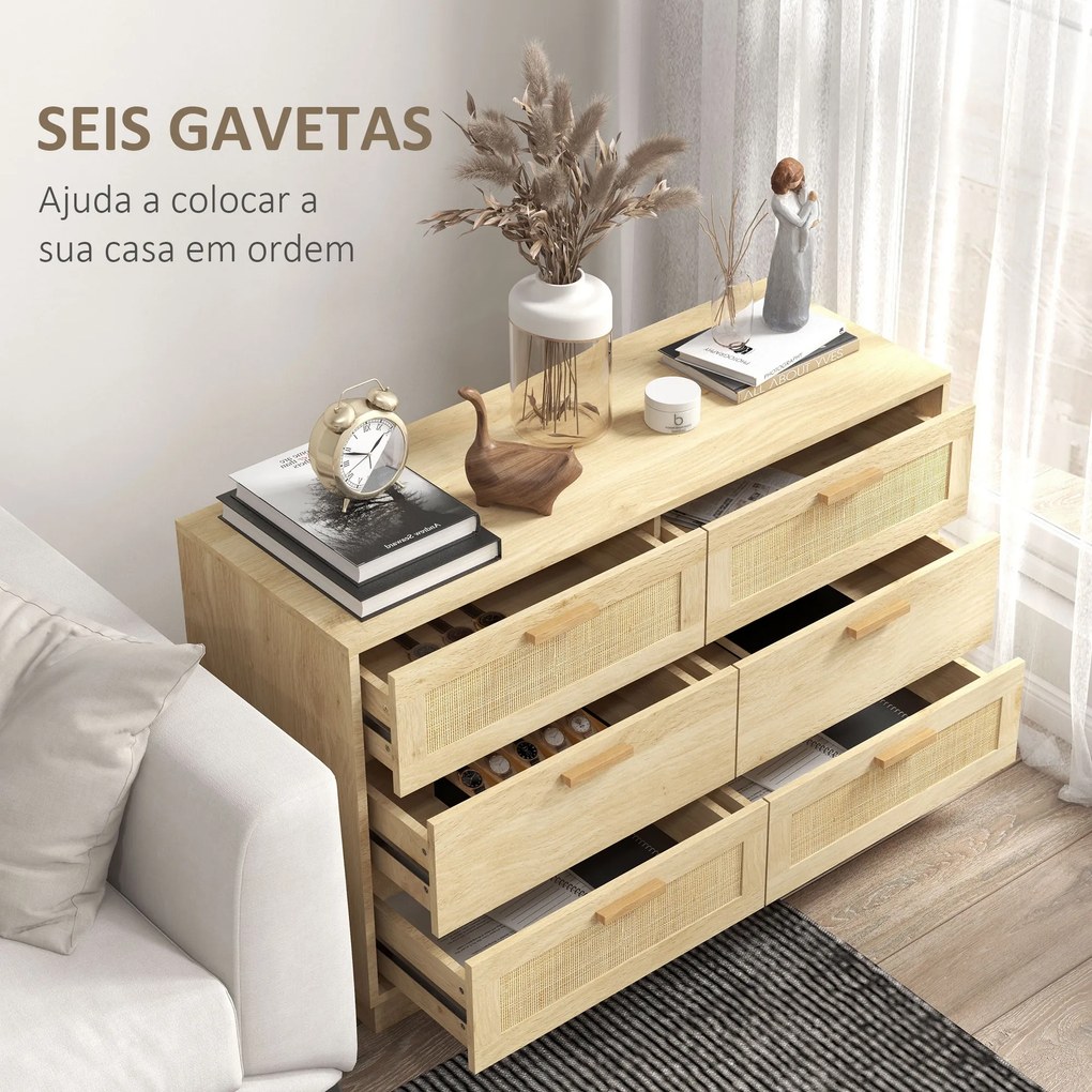 Cómoda para Quarto Cómoda de Madeira com 6 Gavetas de Vime Estilo Boêmio para Corredor Escritório 110x40x69 cm cor Carvalho
