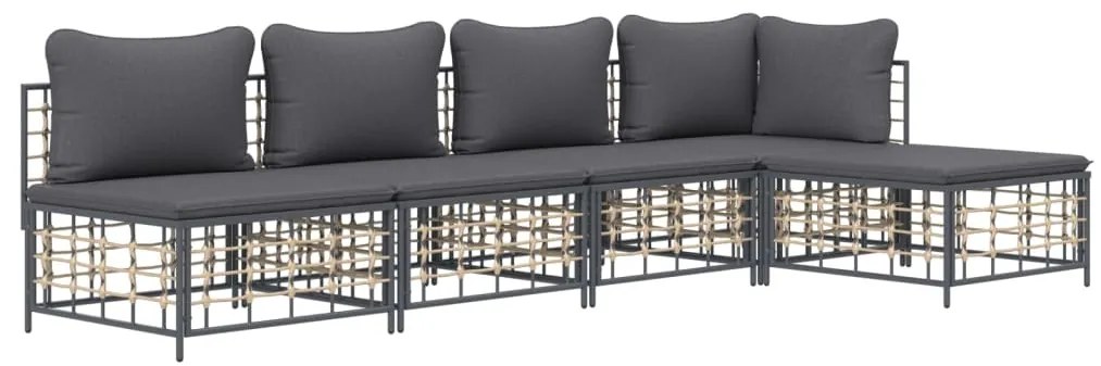 5 pcs conjunto lounge de jardim c/ almofadões vime PE antracite
