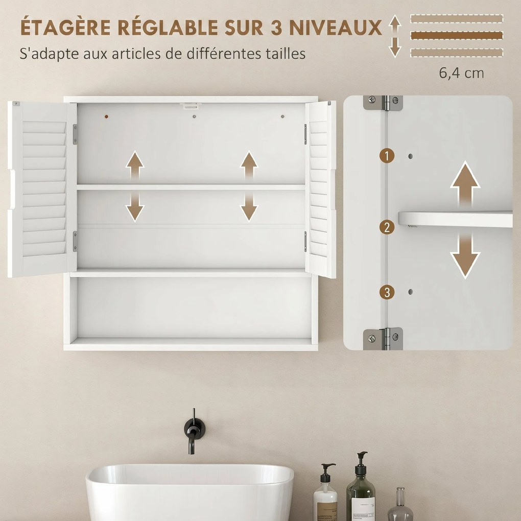 Armário de Parede de Casa de Banho com Porta de Ripas, 60 x 20 x 60 cm, Prateleira Ajustável, Branco