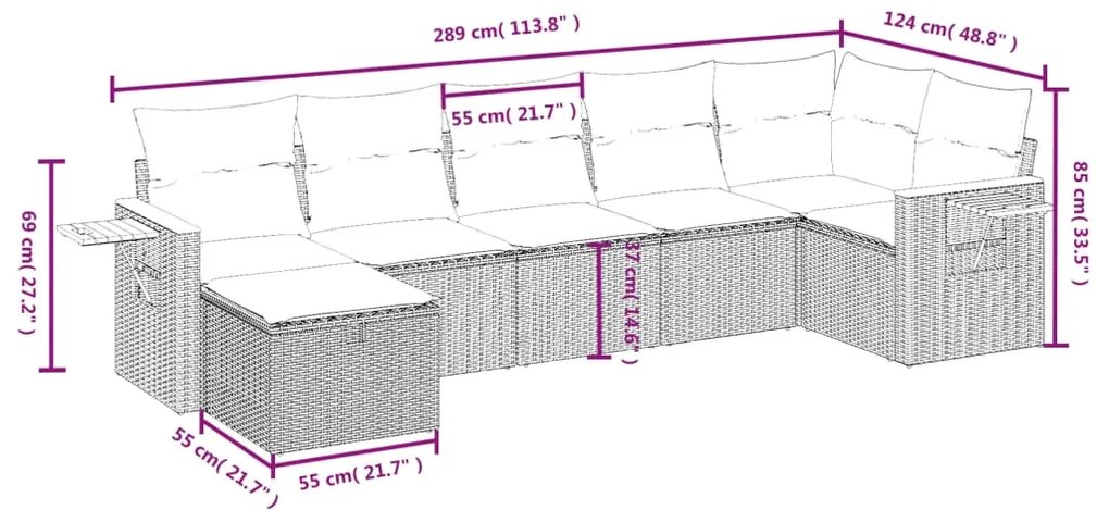 7 pcs conjunto de sofás p/ jardim c/ almofadões vime PE preto